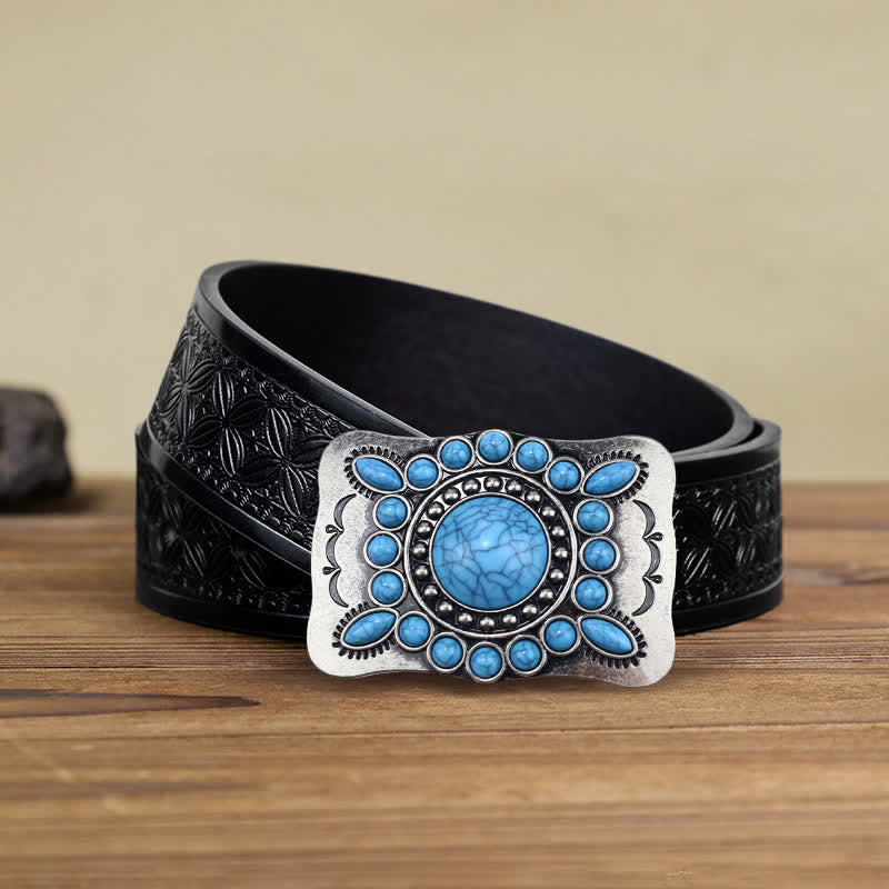 Cinturón de cuero con hebilla de piedra turquesa rectangular para hombre hecho a mano