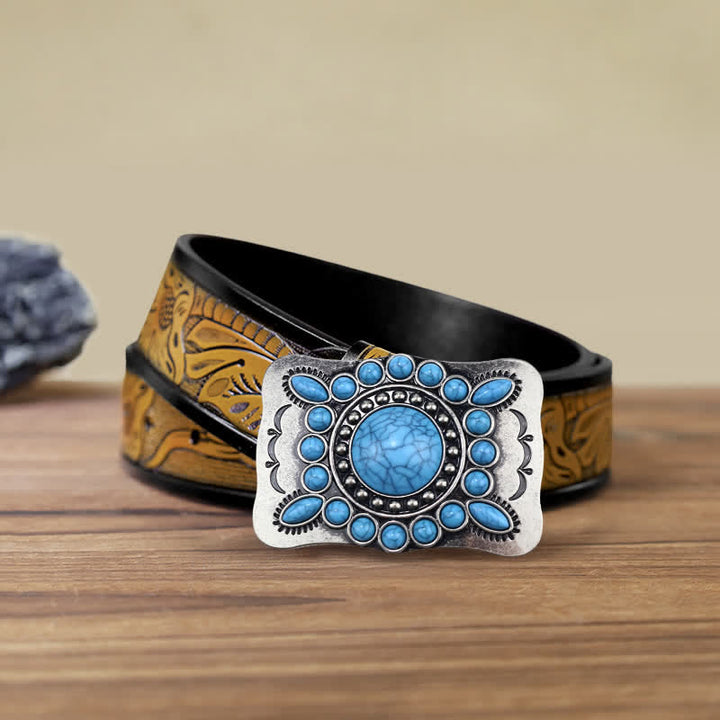 Cinturón de cuero con hebilla de piedra turquesa rectangular para hombre hecho a mano