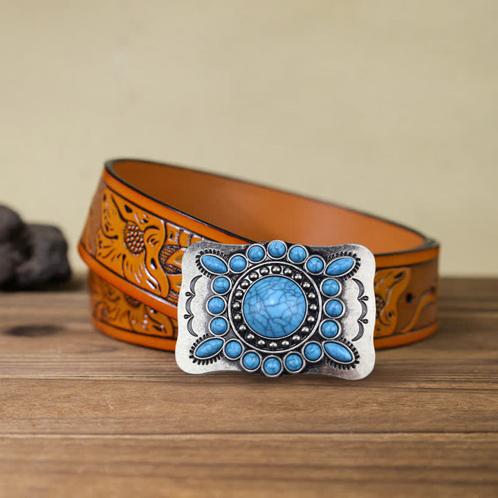 Cinturón de cuero con hebilla de piedra turquesa rectangular para hombre hecho a mano