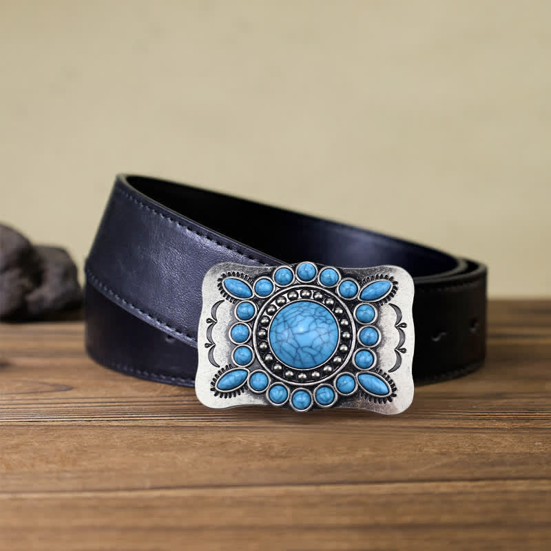 Cinturón de cuero con hebilla de piedra turquesa rectangular para hombre hecho a mano