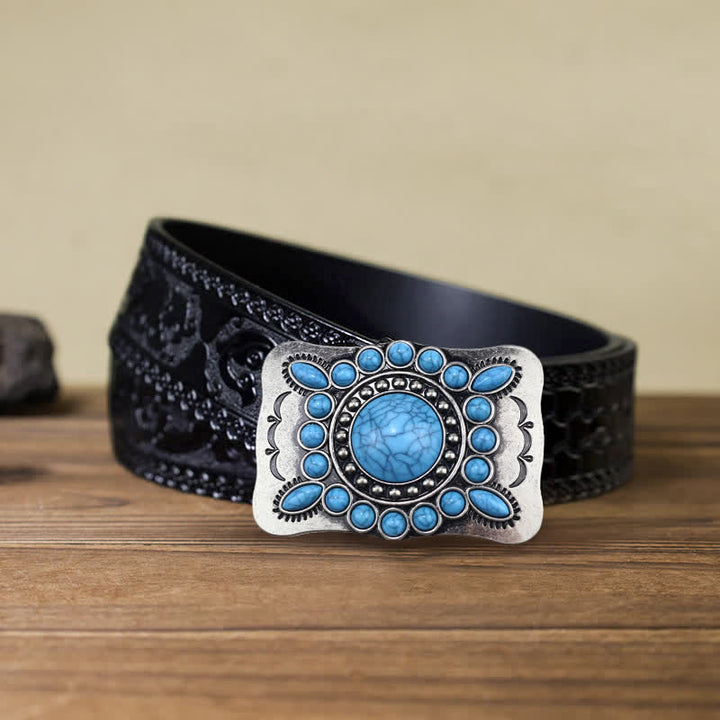 Cinturón de cuero con hebilla de piedra turquesa rectangular para hombre hecho a mano