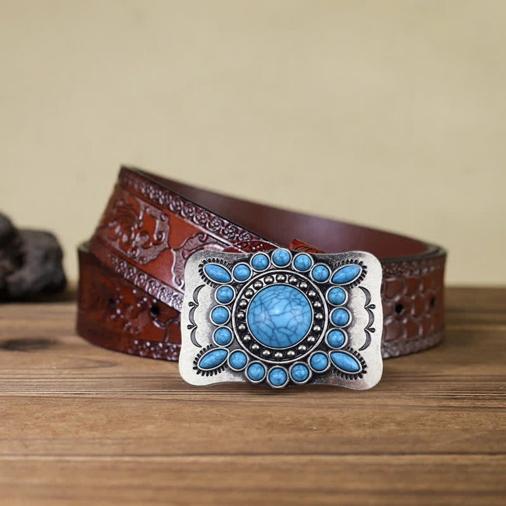 Cinturón de cuero con hebilla de piedra turquesa rectangular para hombre hecho a mano
