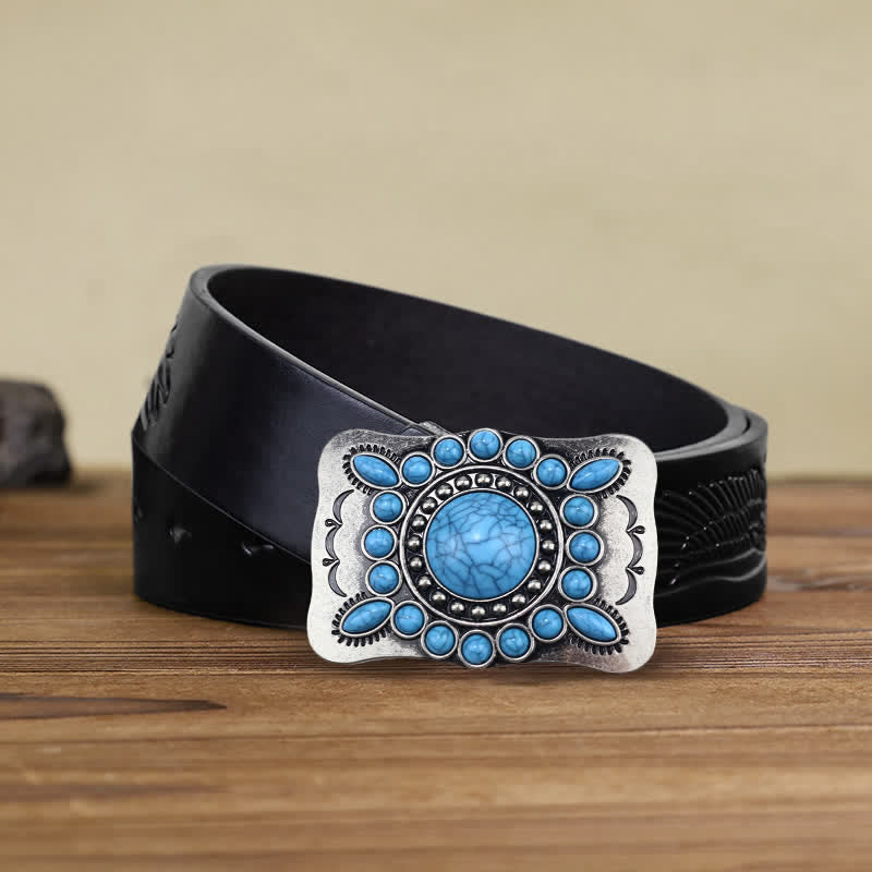 Cinturón de cuero con hebilla de piedra turquesa rectangular para hombre hecho a mano