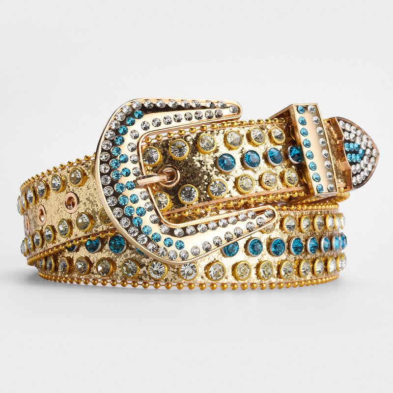 Cinturón de cuero con tachuelas de cristal y brillantes diamantes de imitación