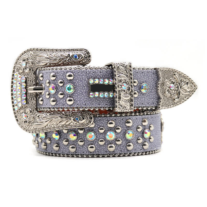 Cinturón de cuero con remaches de diamantes de imitación y hebilla tallada con flores