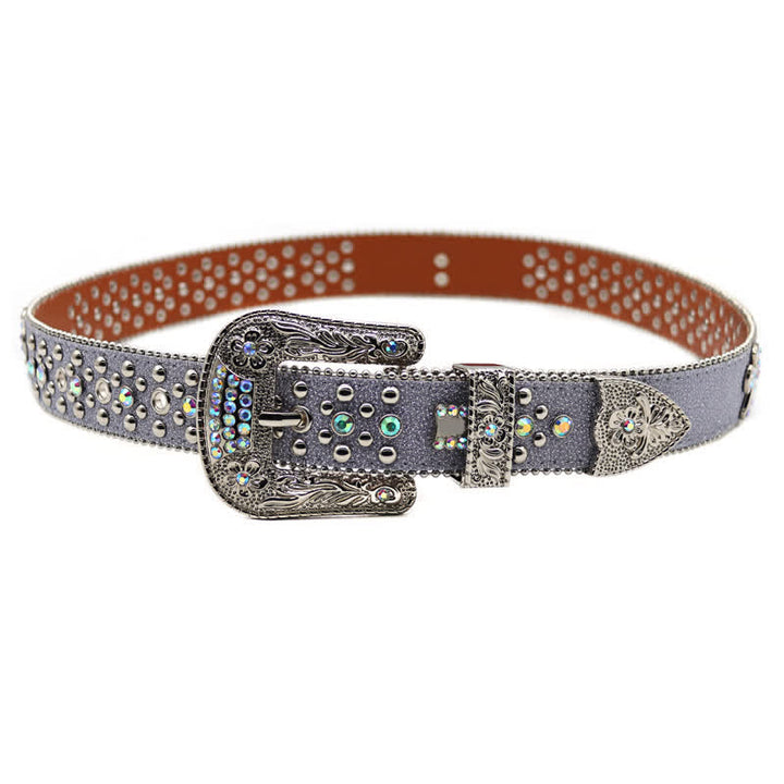 Cinturón de cuero con remaches de diamantes de imitación y hebilla tallada con flores