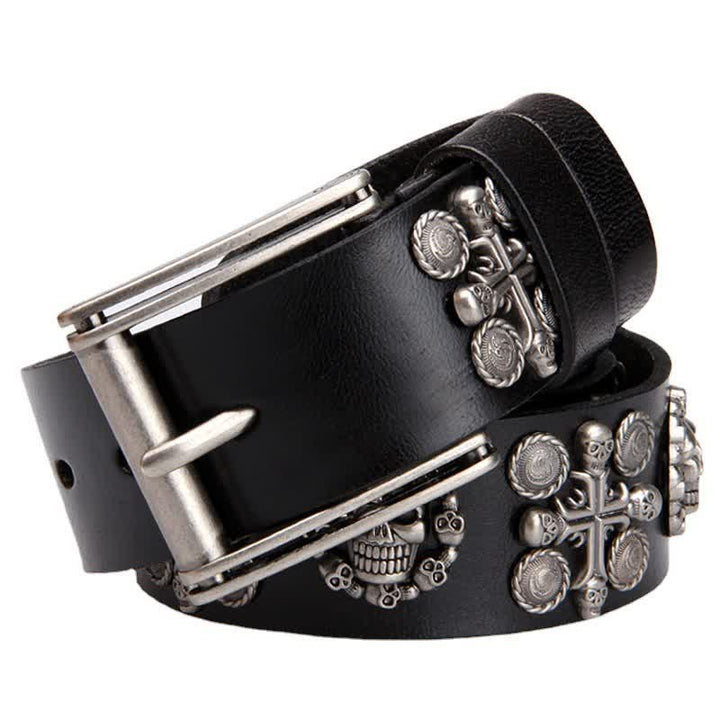Cinturón de cuero con diseño de cruz y calavera con remaches de metal pesado