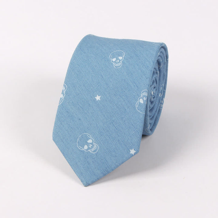 Corbata de algodón con estampado de calavera y espina de pez azul estilo británico para hombre