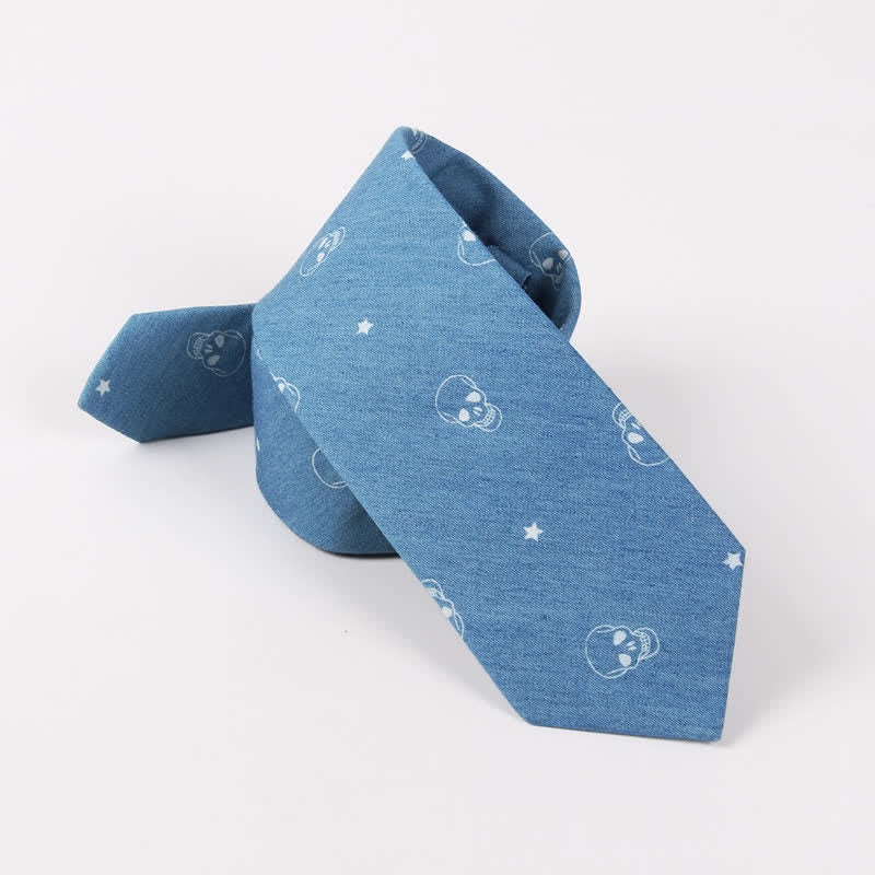 Corbata de algodón con estampado de calavera y espina de pez azul estilo británico para hombre
