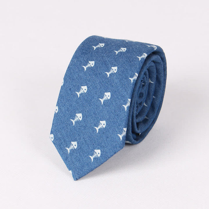 Corbata de algodón con estampado de calavera y espina de pez azul estilo británico para hombre - Espina de pescado azul - image 10