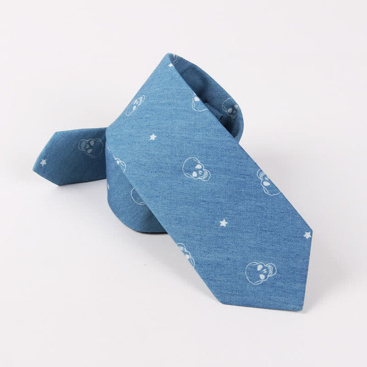 Corbata de algodón con estampado de calavera y espina de pez azul estilo británico para hombre - image 4