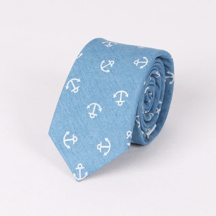 Corbata de algodón con estampado de calavera y espina de pez azul estilo británico para hombre