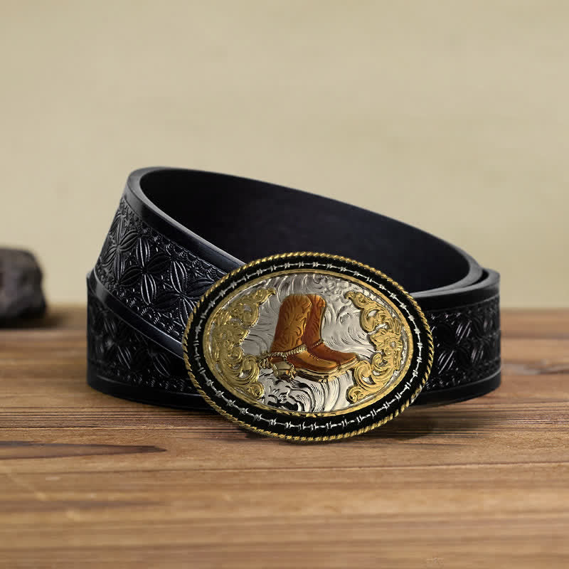 Cinturón de cuero con hebilla ovalada dorada de vaquero occidental para hombre hecho a mano