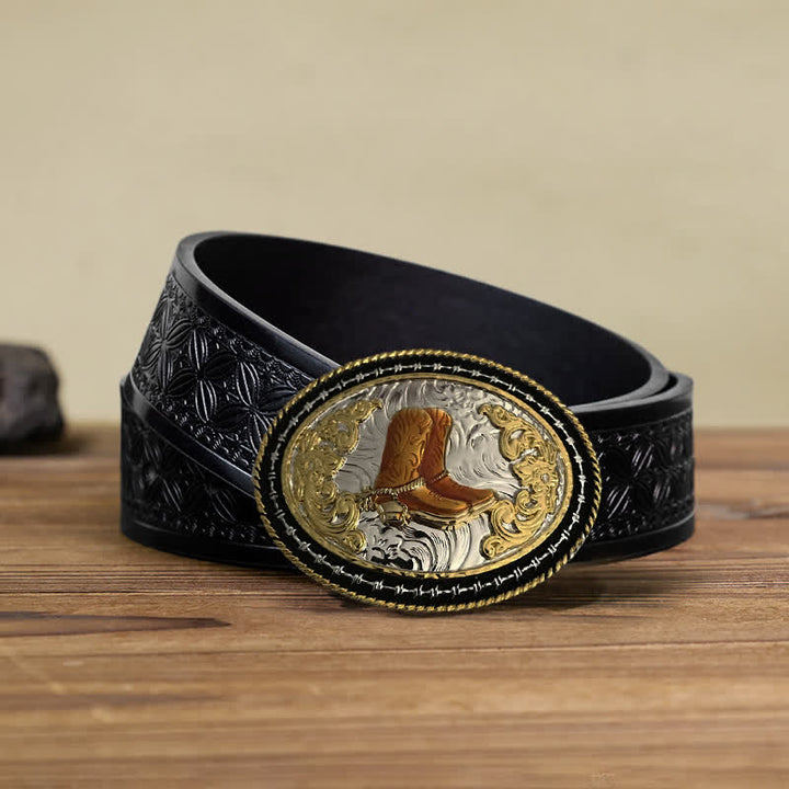 Cinturón de cuero con hebilla ovalada dorada de vaquero occidental para hombre hecho a mano