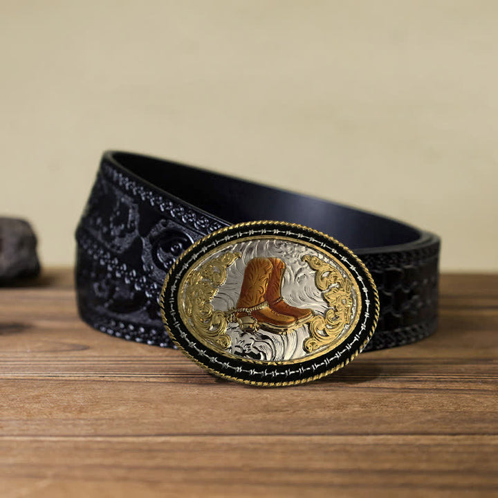 Cinturón de cuero con hebilla ovalada dorada de vaquero occidental para hombre hecho a mano