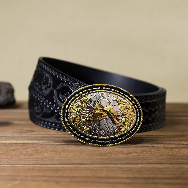 Cinturón de cuero con hebilla ovalada dorada de vaquero occidental para hombre hecho a mano