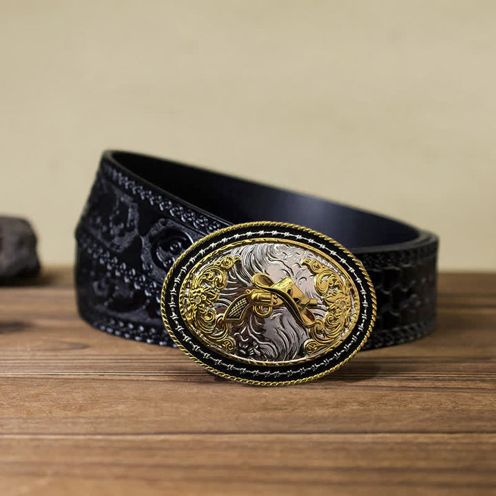 Cinturón de cuero con hebilla ovalada dorada de vaquero occidental para hombre hecho a mano