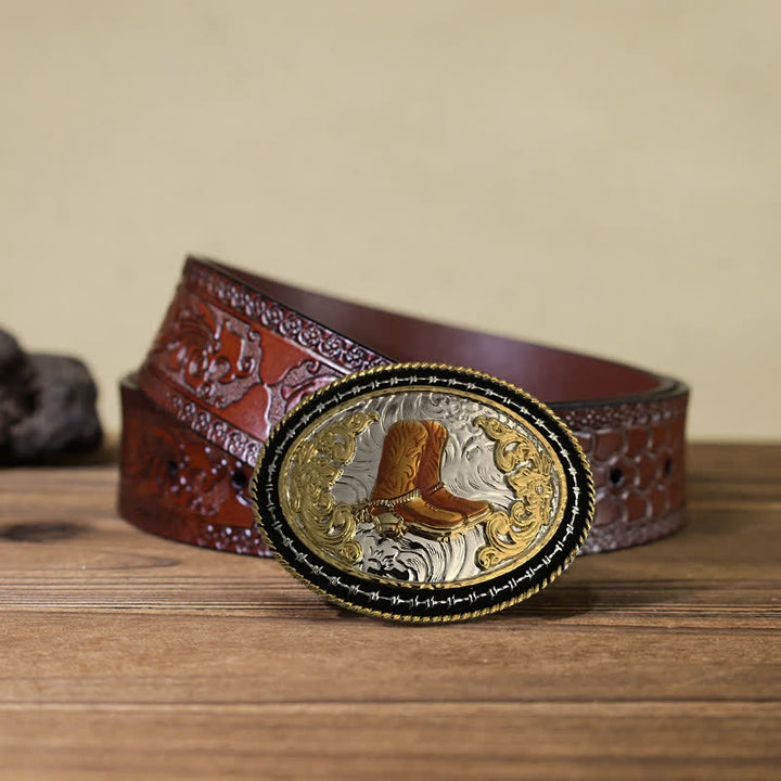 Cinturón de cuero con hebilla ovalada dorada de vaquero occidental para hombre hecho a mano