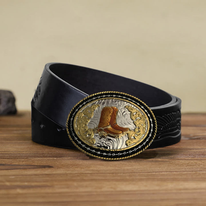 Cinturón de cuero con hebilla ovalada dorada de vaquero occidental para hombre hecho a mano