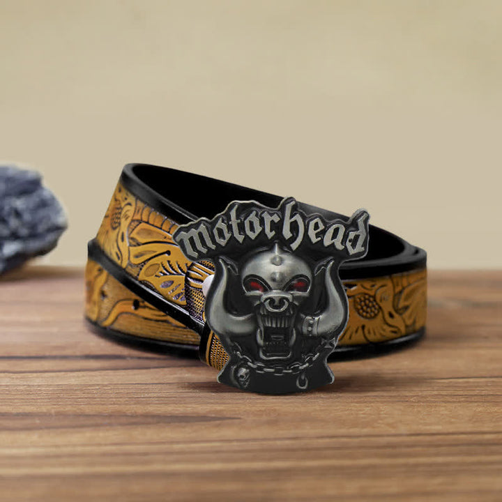 Cinturón de cuero con hebilla esmaltada y diseño de calavera con motor para hombre