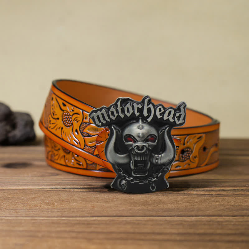 Cinturón de cuero con hebilla esmaltada y diseño de calavera con motor para hombre