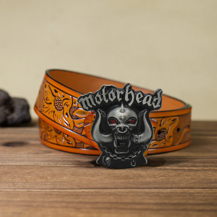 Cinturón de cuero con hebilla esmaltada y diseño de calavera con motor para hombre