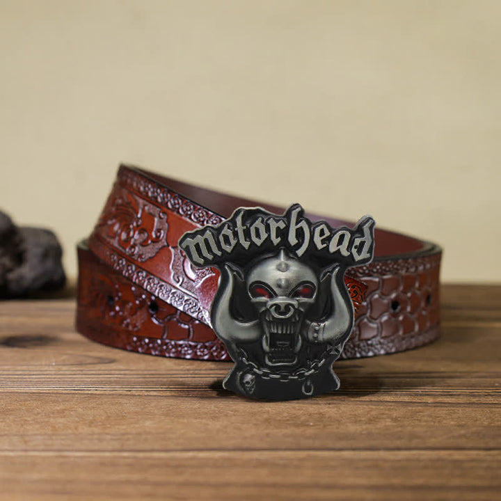 Cinturón de cuero con hebilla esmaltada y diseño de calavera con motor para hombre