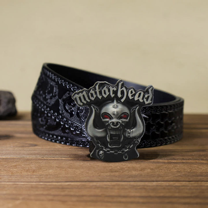 Cinturón de cuero con hebilla esmaltada y diseño de calavera con motor para hombre