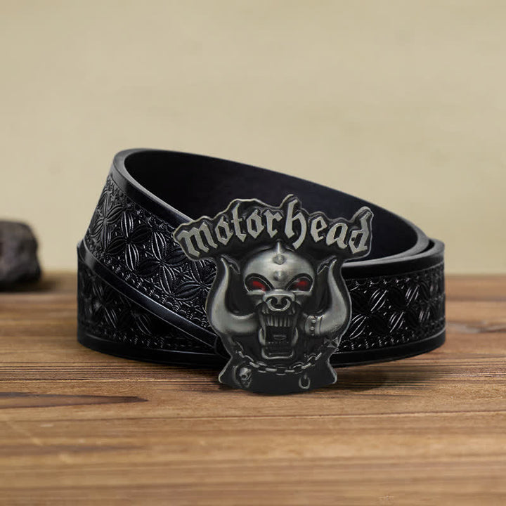 Cinturón de cuero con hebilla esmaltada y diseño de calavera con motor para hombre