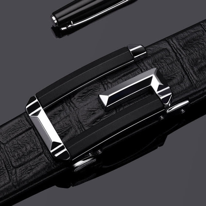 Cinturón de piel con hebilla automática hueca y estampado de cocodrilo para hombre