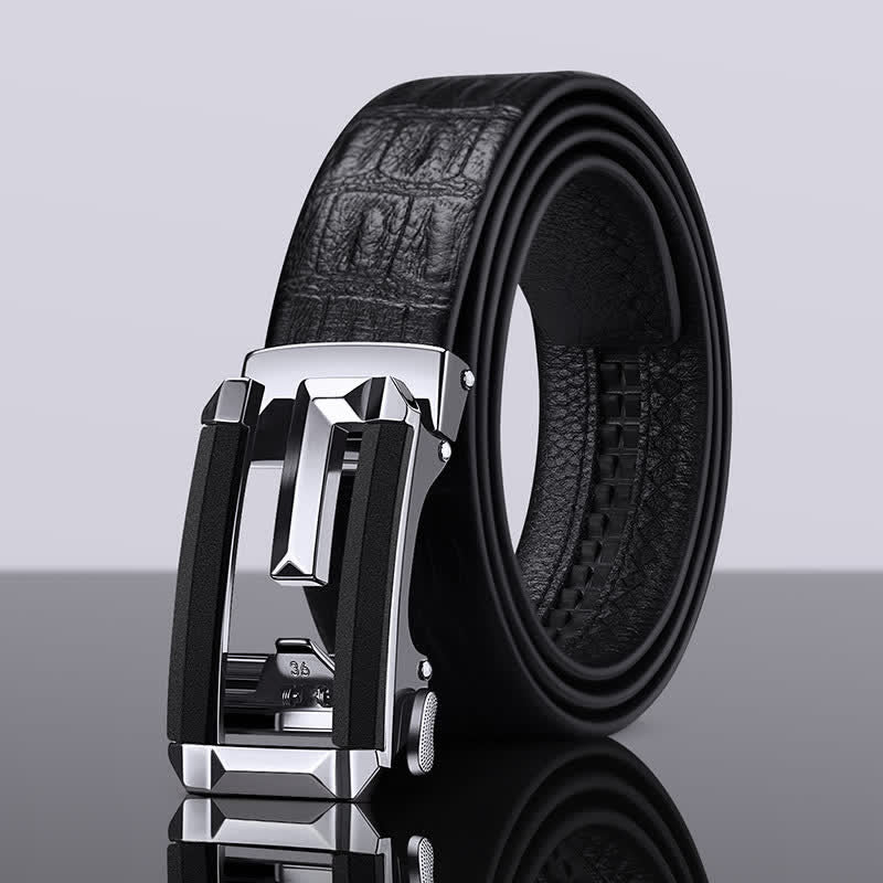 Cinturón de piel con hebilla automática hueca y estampado de cocodrilo para hombre