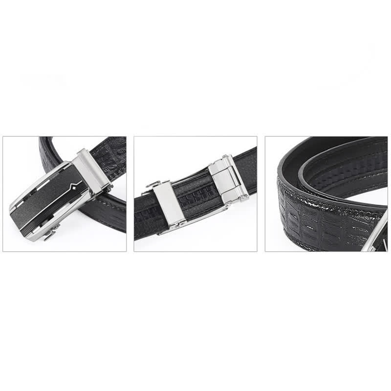 Cinturón de piel con hebilla automática y estampado de cocodrilo en color negro y plateado para hombre