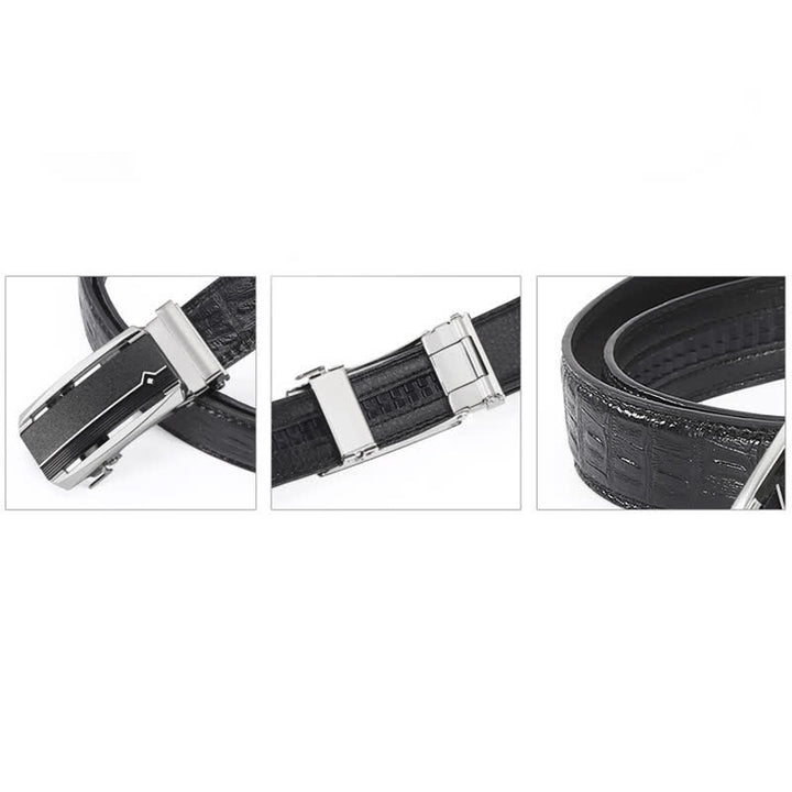 Cinturón de piel con hebilla automática y estampado de cocodrilo en color negro y plateado para hombre