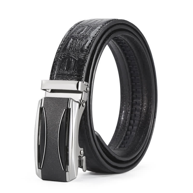 Cinturón de piel con hebilla automática y estampado de cocodrilo en color negro y plateado para hombre