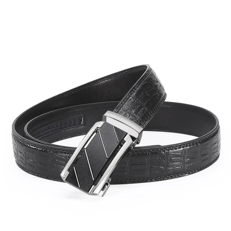 Cinturón de piel con hebilla automática y estampado de cocodrilo en color negro y plateado para hombre