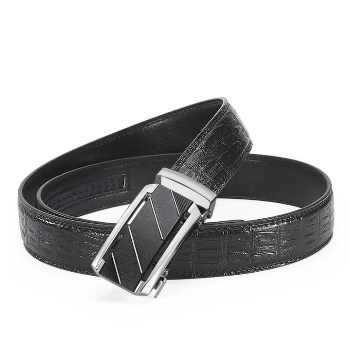Cinturón de piel con hebilla automática y estampado de cocodrilo en color negro y plateado para hombre
