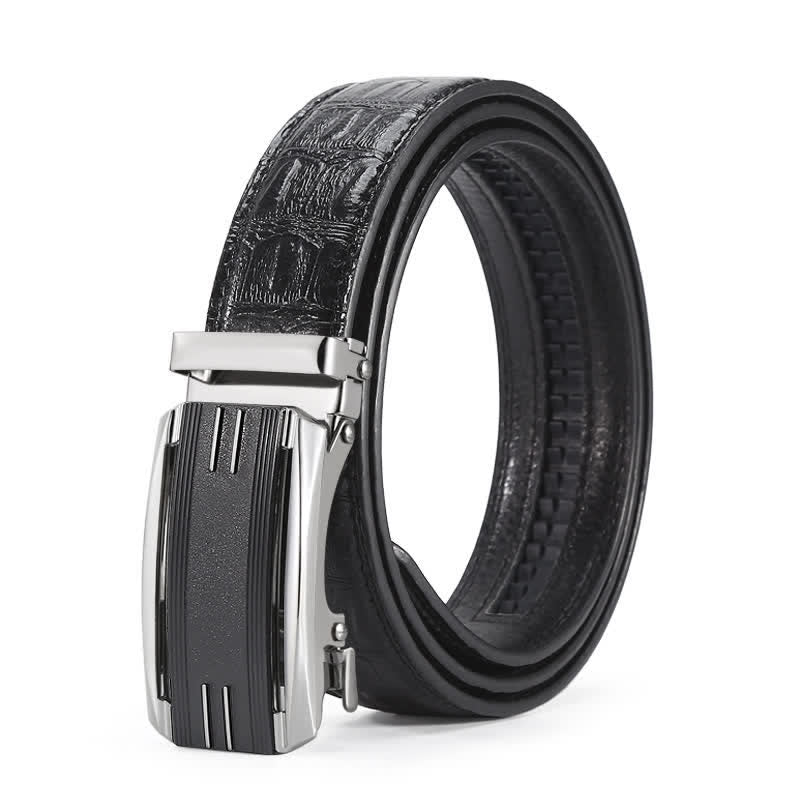 Cinturón de piel con hebilla automática y estampado de cocodrilo en color negro y plateado para hombre
