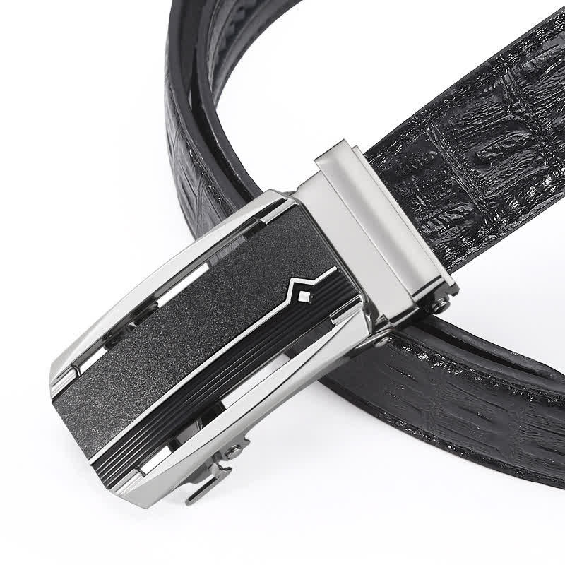 Cinturón de piel con hebilla automática y estampado de cocodrilo en color negro y plateado para hombre