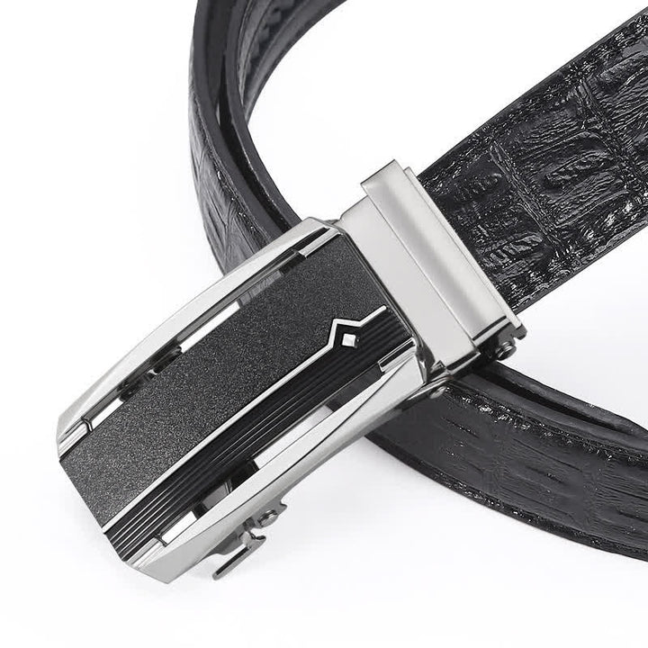 Cinturón de piel con hebilla automática y estampado de cocodrilo en color negro y plateado para hombre