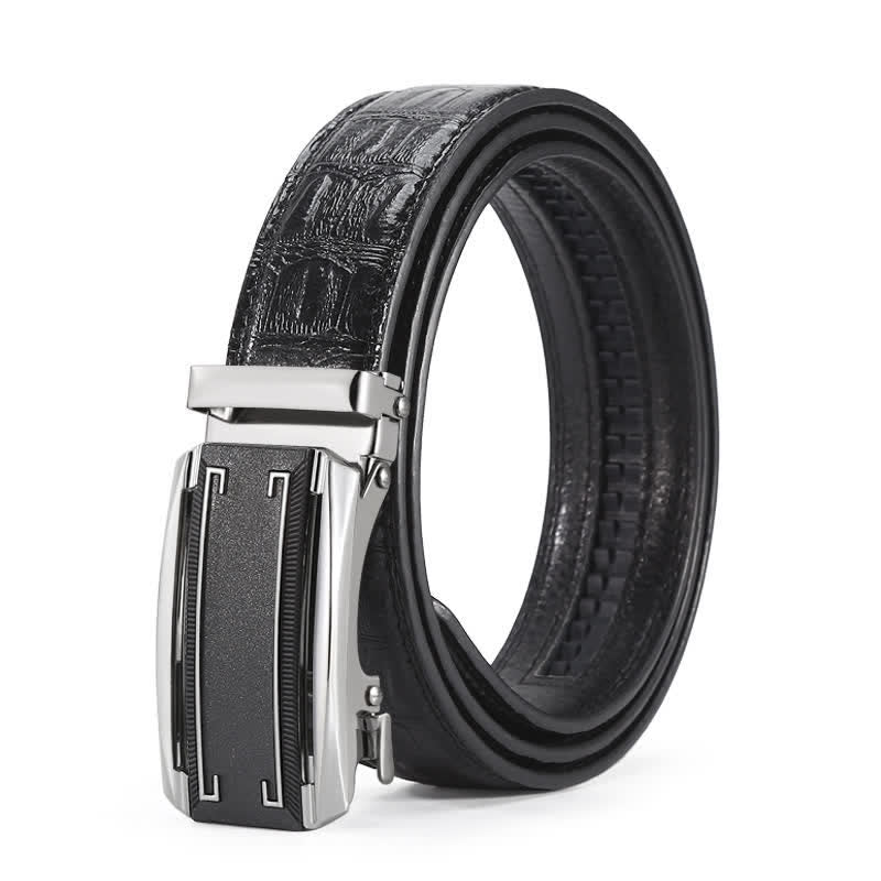 Cinturón de piel con hebilla automática y estampado de cocodrilo en color negro y plateado para hombre