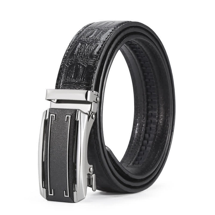 Cinturón de piel con hebilla automática y estampado de cocodrilo en color negro y plateado para hombre
