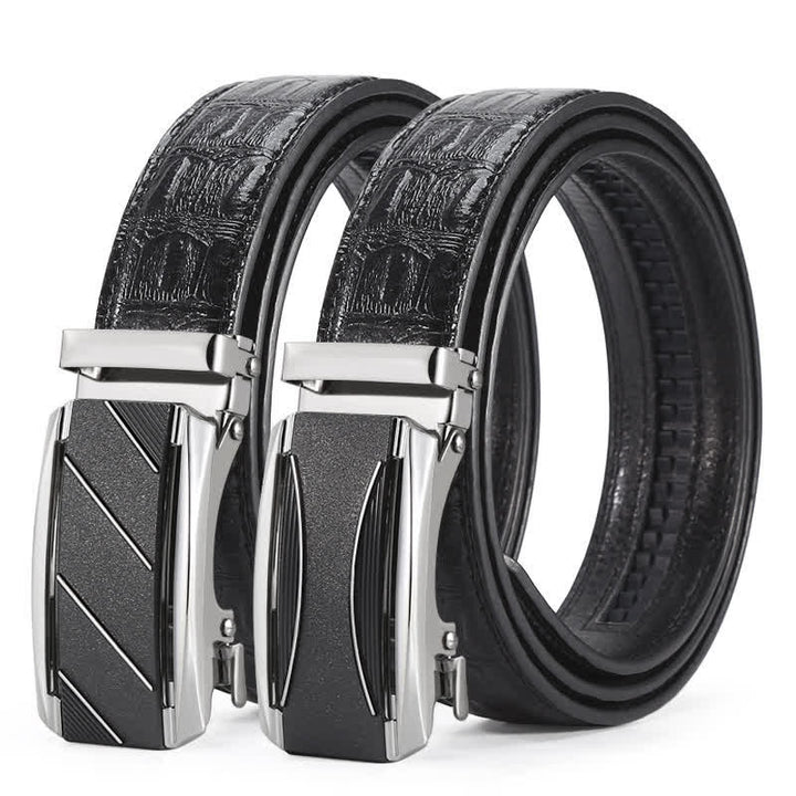 Cinturón de piel con hebilla automática y estampado de cocodrilo en color negro y plateado para hombre