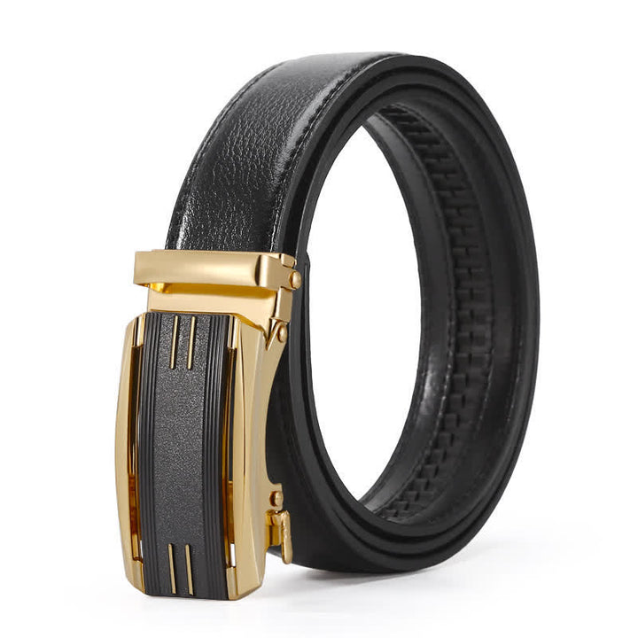 Cinturón de cuero con hebilla automática de línea negra y dorada para hombre