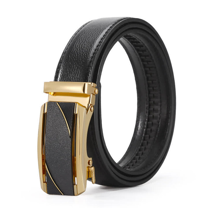 Cinturón de cuero con hebilla automática de línea negra y dorada para hombre