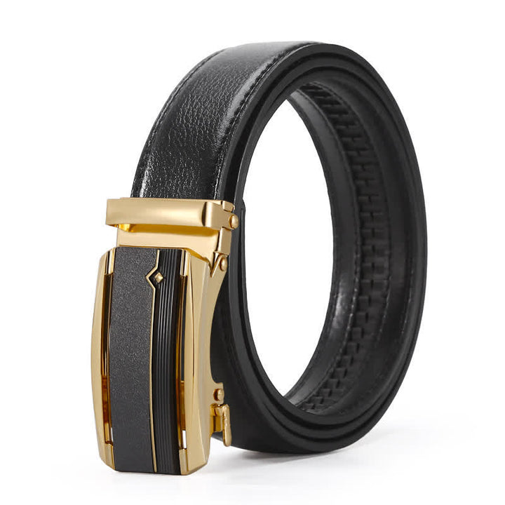 Cinturón de cuero con hebilla automática de línea negra y dorada para hombre