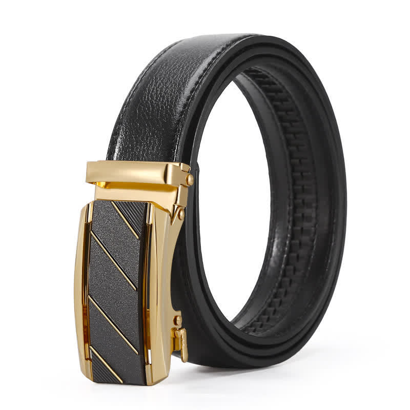 Cinturón de cuero con hebilla automática de línea negra y dorada para hombre