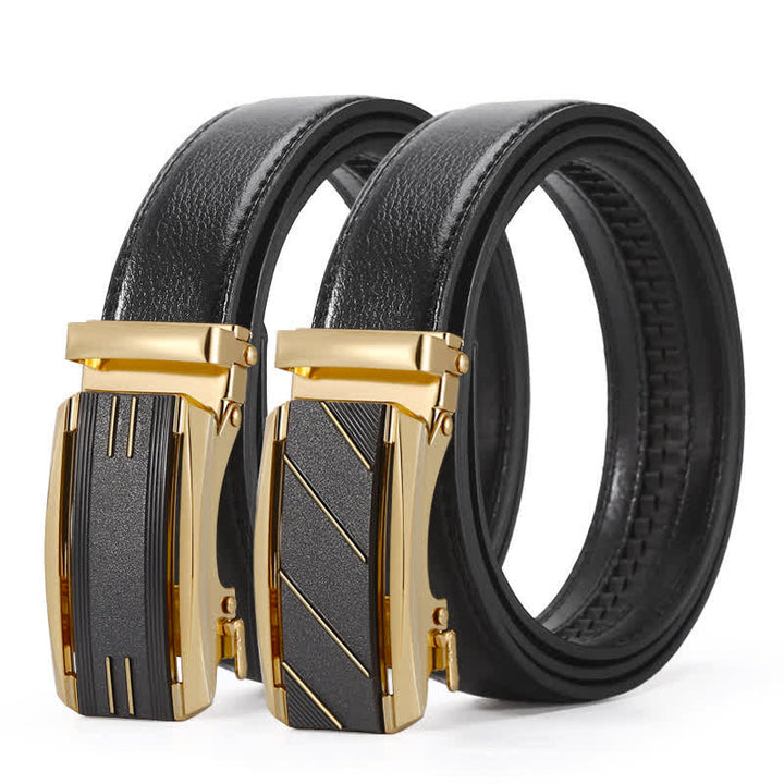 Cinturón de cuero con hebilla automática de línea negra y dorada para hombre