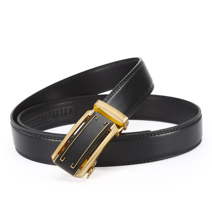 Cinturón de cuero con hebilla automática de línea negra y dorada para hombre