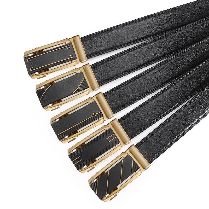 Cinturón de cuero con hebilla automática de línea negra y dorada para hombre