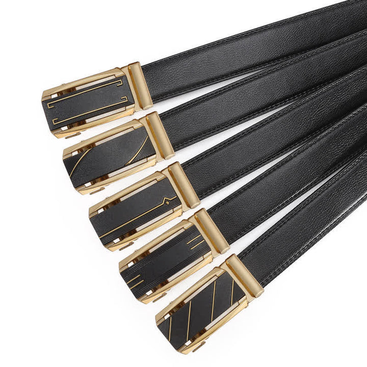Cinturón de cuero con hebilla automática de línea negra y dorada para hombre